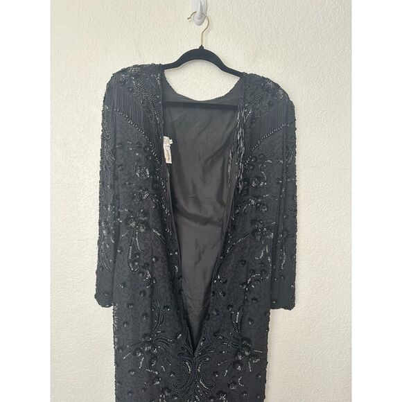 Oleg Cassini Vintage 70s/80s Silk Black Beaded Cocktail Dress 20s Style Flapper - Picture 10 of 13